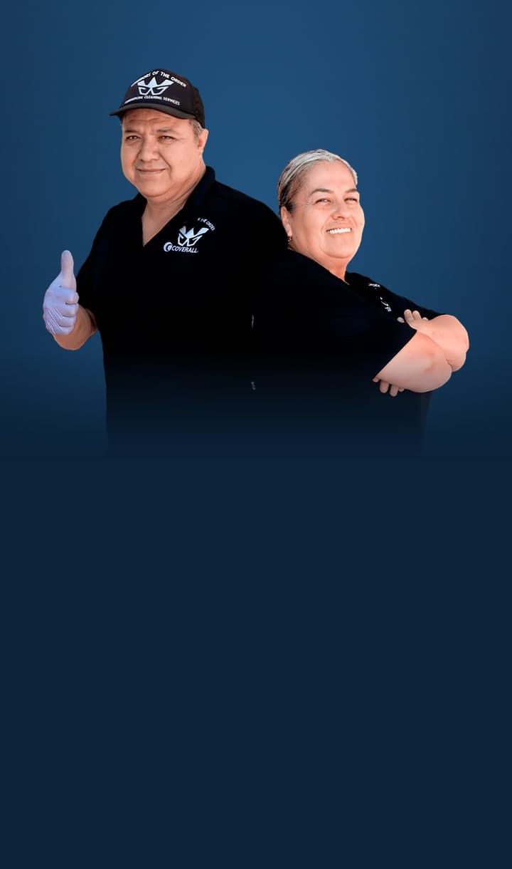 Warriors of the Order's owners, a husband-and-wife cleaning team, in company uniforms