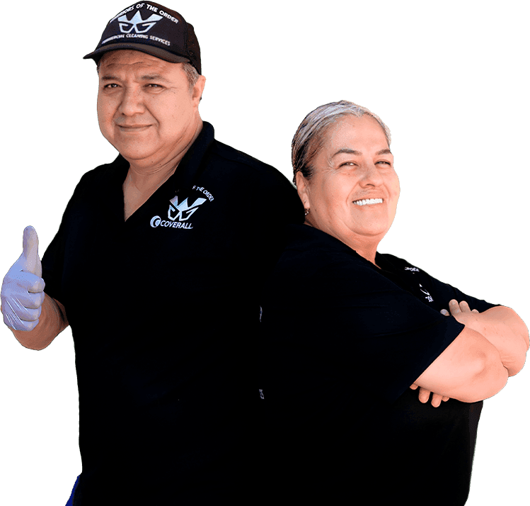 Warriors of the Order's owners, a husband-and-wife cleaning team, standing back to back in company uniforms